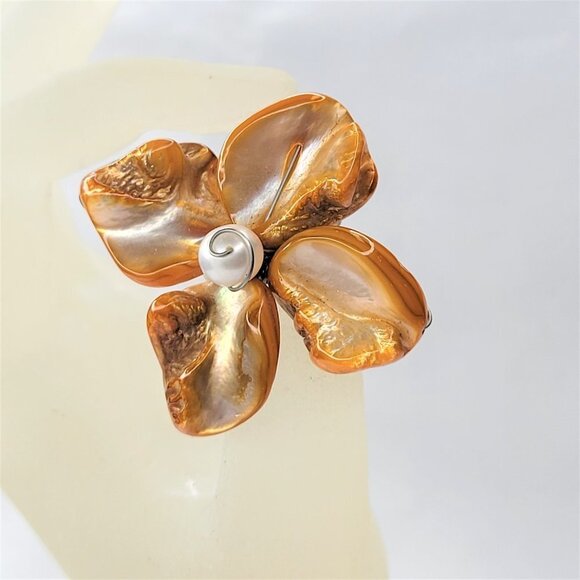 Orange Sea Shell Freshwater Pearl Bead Asymmetric Flower Adjustable Ring - Picture 3 of 13